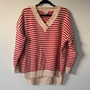 Main Strip Red and Cream Striped V-Neck Sweater